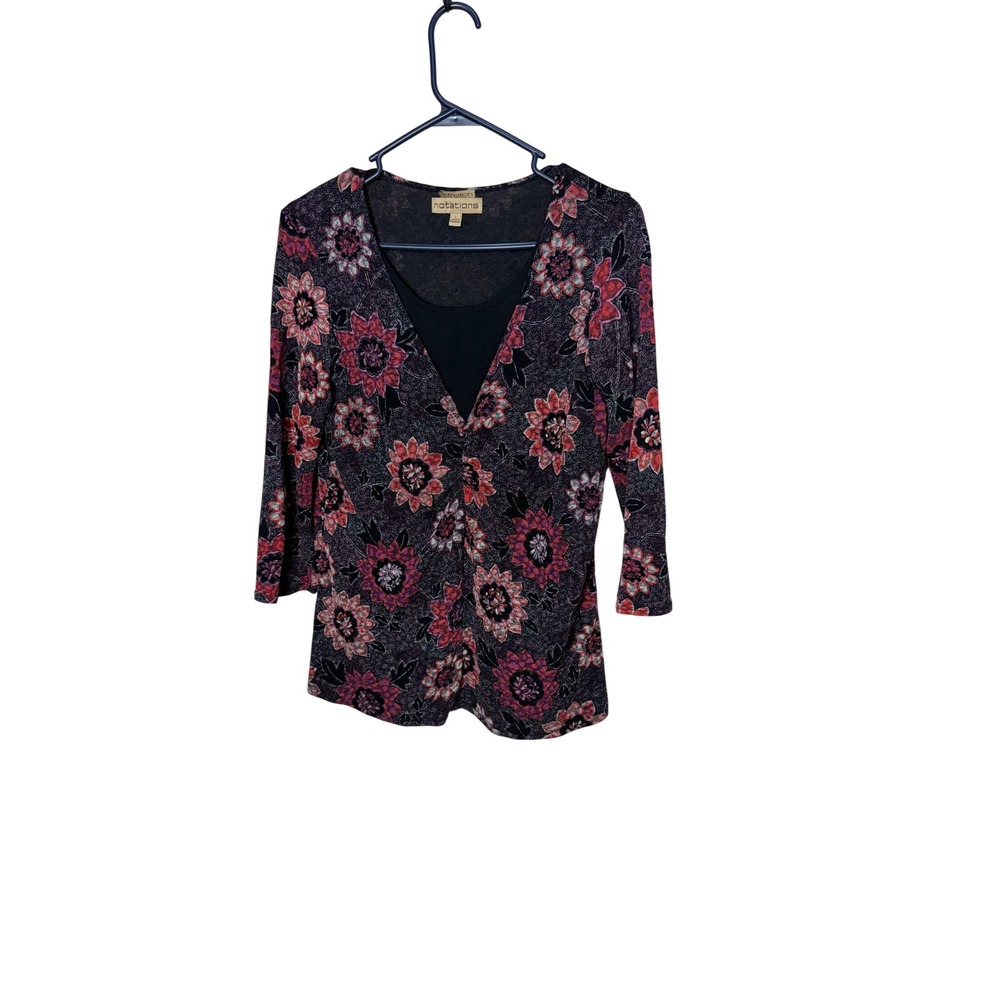 Notations Women Black Pink Floral 3/4 Sleeve Ruched V-Neck Layered Top Size L